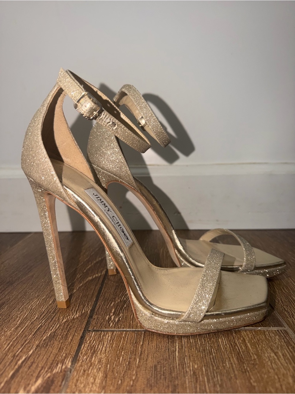 Jimmy Choo Champagne Gold Glitter Ankle-Strap Stiletto Sandals